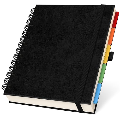 Hardcover Leather Lined Spiral Notebook 8x10" with Removable Dividers - Black - 300 Pages 5 Subject College Ruled Notebook for Work with Tabs, Pockets, and Pen Loop for Note Taking, Large Journal - color: Black