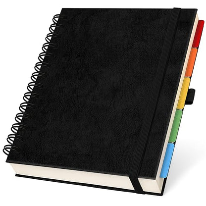 Hardcover Leather Lined Spiral Notebook 8x10" with Removable Dividers - Black - 300 Pages 5 Subject College Ruled Notebook for Work with Tabs, Pockets, and Pen Loop for Note Taking, Large Journal - color: Black