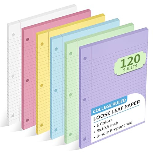 6 Color Loose Leaf Paper College Ruled, 120 Sheets 8" X 10.5" Colored Notebook Paper, 3-Hole Punched 70 Gsm Lined Paper For 3-Ring Binders, Loose Leaf Office Paper