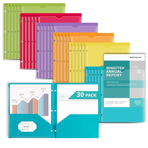 Binditek 30 Pack Heavyduty Plastic Folders with Clear Front Pockets, 2-Pocket Folders with Card Slot, 3 Hole Punched for Letter Size, for 3 Ring Binder, 6 Assorted Colors - size: 30 Pack