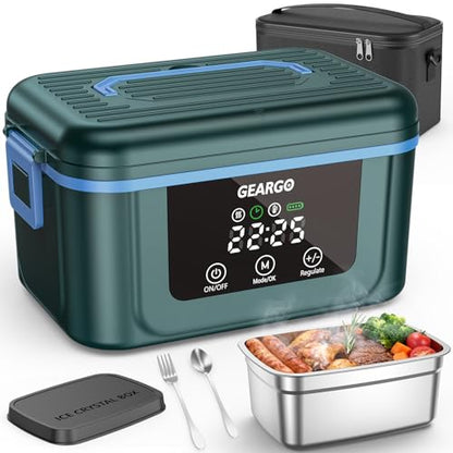 GEARGO 𝟐𝟎𝟐𝟔 𝐔𝐩𝐠𝐫𝐚𝐝𝐞𝐝 Cordless Electric Lunch Box, 6 Cups & 24000mAh Rechargeable Heated Lunch Box with Ice Crystal Box, 24 Hours Scheduled Self Heating Lunchbox For Men Women.