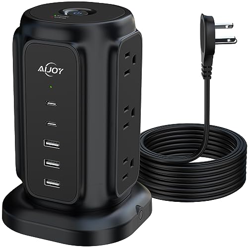 AiJoy Flat Plug Power Strip Tower with 9 AC Outlets and 5 USB Ports | USB Charging Station with 1200J Protection, 6 Feet Extension Cord, Office Desk Accessories for Men, Dorm Essentials for Guys - color: Black