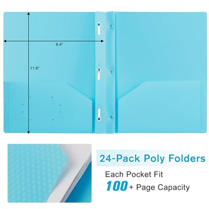 24-Pack Plastic andPockets and Prongs,2-Pocket and3 Fasteners, Pastel Folders Holds 8-1/2" x 11" Paper for School/Office/Home, Blue - color: Light Blue, size: 24-Pack