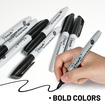VEESA Dry Erase Markers Fine Tip, 30 Pack, Bold Black & Low-Odor | German ink, Easy to Erase, Back to School Supplies
