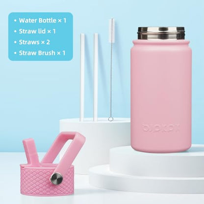 BJPKPK Insulated Water Bottle, 15oz Stainless Steel with Straw Lid | Leak Proof, BPA-Free, Vacuum Insulated, Keep Drink Cold & Hot, Metal Water Bottle for Travel, Gym, Office, Cupholder Friendly - color: Pink, style: N-15oz-Color Lid