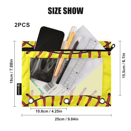 Fisym Softball Baseball Yellow Pencil Pouch for 3 Ring Binder Pencil Case Pencil Bag Zipper Pouch with Clear Window for Office 2 Pack