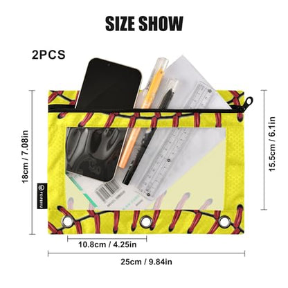 Fisym Softball Baseball Yellow Pencil Pouch for 3 Ring Binder Pencil Case Pencil Bag Zipper Pouch with Clear Window for Office 2 Pack