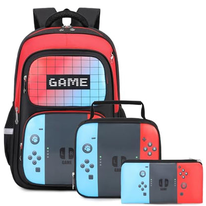 Kids Backpack 3-in-1 Boys Backpack with Lunch Bag and Pencil Case for Teens Middle School, 17 Inch Large Capacity (GAME) - color: GAME