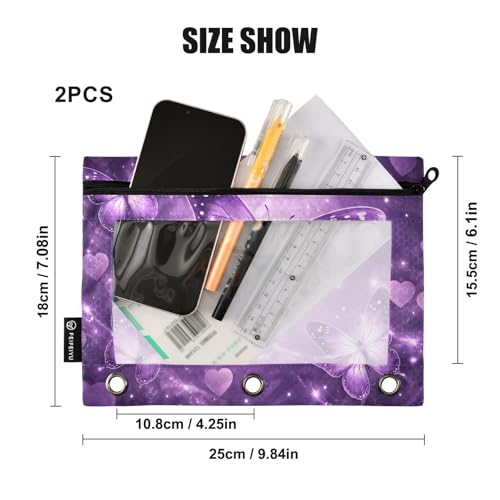 2 Pack Pencil Pouch for 3 Ring Binder Purple Glowing Butterfly Pencil Case Pouch with Clear Window Zipper Binder Pencil Pouches Pen Bag for Office School Supplies - color: Purple Glowing Butterfly