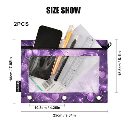 2 Pack Pencil Pouch for 3 Ring Binder Purple Glowing Butterfly Pencil Case Pouch with Clear Window Zipper Binder Pencil Pouches Pen Bag for Office School Supplies - color: Purple Glowing Butterfly