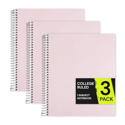 ONAVIA Pink 1 Subject Spiral Notebook College Ruled 3 Pack, 200 Pages | 100 Sheets, 9 x 11 in, Waterproof Plastic Cover, Durable, 3-Hole Punched, Divider, Double-Sided Pocket, Study - color: Pink, size: 8.5 x 11''