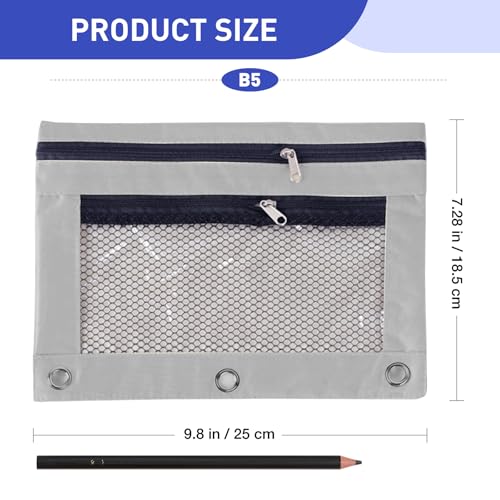Pencil Pouch for 3 Ring Binder - 3 Hole Zipper Pen Case Bag Holder Bulk Accessories Clear Window Aesthetic Organizer Pockets - color: Grey