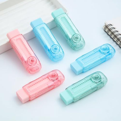 M&G 6 Pack Sliding Retractable Rubber Erasers, Push-Pull Large Pencil Erasers with Transparent Plastic Sleeve, Soft Rubber Erasers for Office, Drafting, and Everyday Use - color: Pink + Blue + Green
