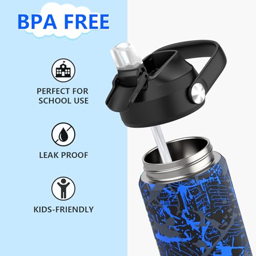 Boys Water Bottle with Straw,18 oz Kids Insulated Cups with Stainless Steel Leak Proof for School,Sport&Travel（Geometry-Blue） - color: A18.Geometry-Blue