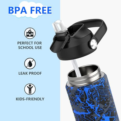 Boys Water Bottle with Straw,18 oz Kids Insulated Cups with Stainless Steel Leak Proof for School,Sport&Travel（Geometry-Blue） - color: A18.Geometry-Blue