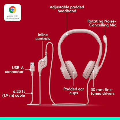 Logitech H390 Wired Headset for PC/Laptop, Stereo Headphones with Noise Cancelling Microphone, USB-A, in-Line Controls, Works with Chromebook - Rose - color: Rose, style: USB-A