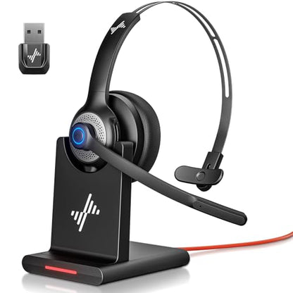 JIAMQISHI Bluetooth Headset - Wireless Headset with Noise Cancelling Microphone, V5.2 Computer Headphones with USB Dongle, Charging Base & Mic Mute for Work/Call Center/PC/Laptop/Online Class/Zoom - color: Black
