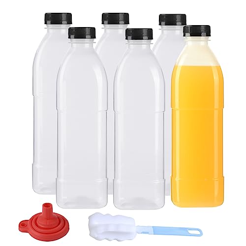 zmybcpack 6 Pack 32oz/1000ML Plastic Juice Bottle with Caps Dishwasher Safe | Heat-Resistant Plastic Smoothie Bottles, Reusable Bulk Beverage Containers with Lids for Juicing, Milk - size: 32oz 6pack