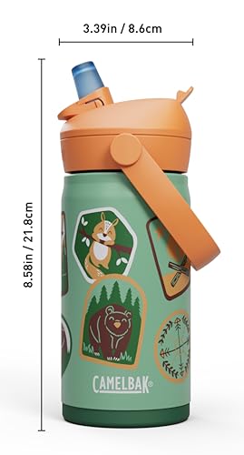 CamelBak Thrive Flip Straw Kids Bite Valve Stainless Steel Water Bottle Camp Badges, 12oz - color: Camp Badges