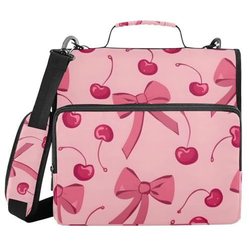 Bow Cherry Pink Zipper Binder Bag 3 Ring Binder with Shoulder Strap Zip Up 500 Sheets Capacity Multi Pockets for School Office Supplies - color: Multi1499, size: Fit 500 Sheets