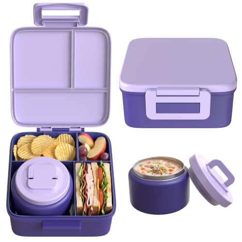 MAISON HUIS Bento Lunch Box with 8oz Soup Thermo, 5-Compartment Leak-Proof Container, Thermo Hot Food Jar and Insulated Lunch Bag, BPA Free,Travel, School (Purple) - color: Purple