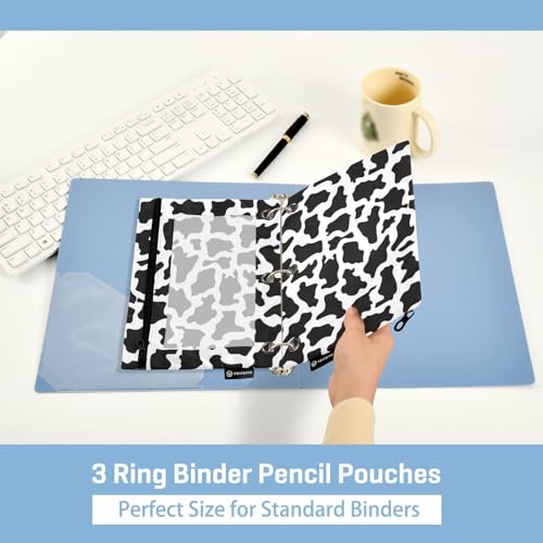 Binder Pouches 3 Ring for Boys Girls Black White Cow Print Zipper Pencil Pouches Case Bag with Clear Window School College Office Supplies 2 Pack - color: Cow Print