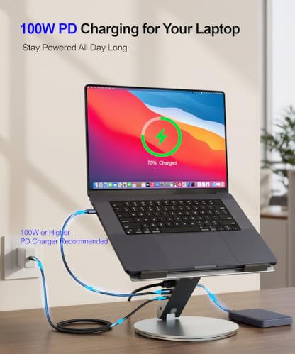 YICOSUN 6-in-1 USB C Laptop Docking Station Stand, 4K@60Hz HDMI, 100W PD, 5Gbps USB 3.0, 360° Swivel Adjustable Aluminum Laptop Stand for 10-15.6 Inch MacBook Pro Air Dell HP Lenovo Surface, Gray