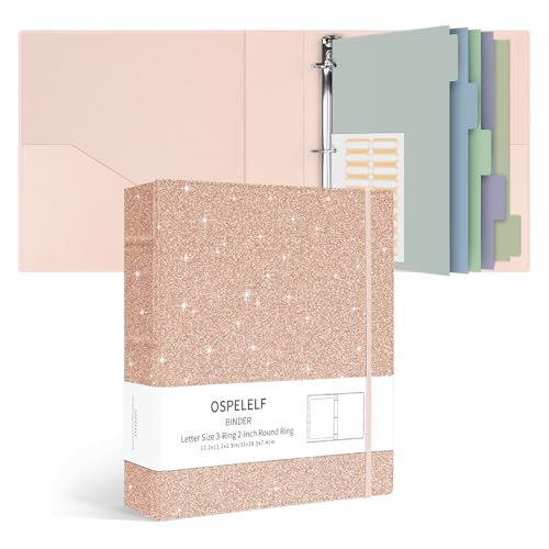 Ospelelf Vintage Hardcover 3 Ring 2 inch Leather Binder, Professional Binders Organizer Suitable for Letter Size Documents, Binder Dividers with Tabs, Faux Glitter Pink Leather - color: Glitter Rose Gold, size: Letter Size - 2 Inch Ring
