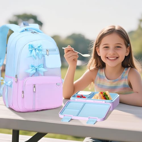 Bevalsa Backpack for Girls, Bow Kids Backpack with Bento Lunch Box, Insulated Bag & Utensils, 34oz Lunch Containers, Cute School Bookbag for Children Teens for Elementary Middle Student (Blue Purple) - color: Blue Purple