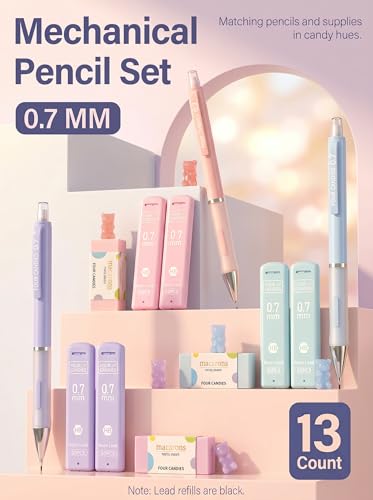 Four Candies 0.7mm Cute Mechanical Pencil Set, 3-Pack with Storage Case | 360 Leads, 3 Erasers+9 Refills, Pink/Purple/Blue Barrels, Non-Slip Grip, for School Notes & Everyday Writing - style: 0.7mm