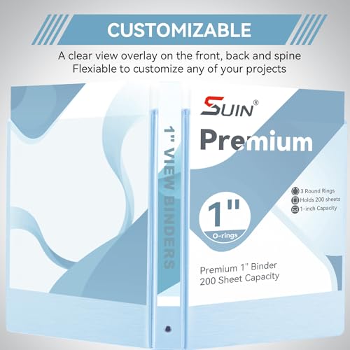 SUIN 1 Inch 3 Ring Binder, Clear 1'' View Presentation Binders with 2 Pockets, Fits 8.5 x 11 Letter Size, Durable Polypropylene, Non-Stick & PVC-Free for School, Office & Home (Brushed Blue) - color: Brushed Blue