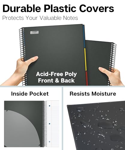 Dunwell 3-Subject Notebook College Ruled 8.5 x 11 (Black), 150 Sheets (300 Pages), Spiral Notebook 8.5x11 with Tabs, Movable Dividers, Storage Pockets, Protective Plastic Covers - color: Black