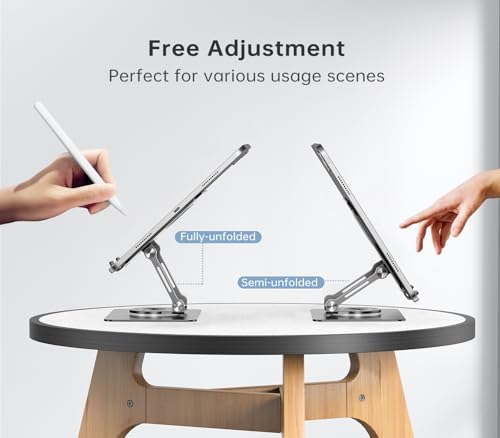 Orlian Tablet Stand Holder with 360° Rotating Base Dual Rod Aluminum Adjustable Tablet Stand for Desk Compatible with iPad Samsung Phone Kindle E-Reader and More, Black - color: Black