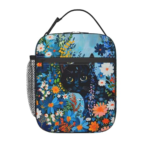 Cute Cat Lunch Box for Women Adults Kids, Insulated Cooler Kitten Lunch Bag for Picnic, School, Office, Travel, Work, Portable Reusable Polyester Tote Lunch Bags (Black Cat) - color: Cat72
