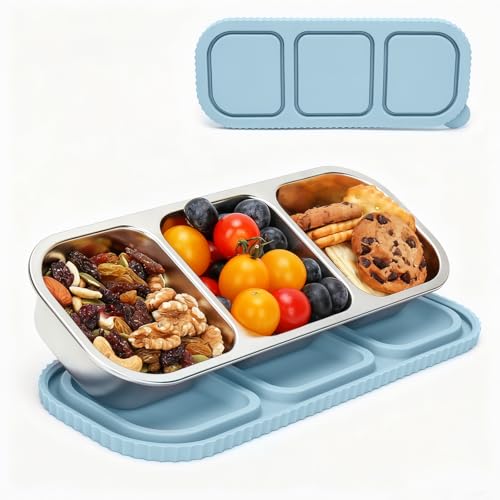3 Compartment Stainless Steel Snack Containers. | Reusable Snackle Box Container with Leakproof Lids Metal Bento Lunch Boxs Food Storage Containers for Travel Picnics Office - color: 01-BL