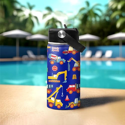 Kids Water Bottle with Straw Construction Insulated Water Bottles 12oz Stainless Steel Travel School Tumbler Double Wall Vacuum Cup for Boys Kid - color: Construction 2