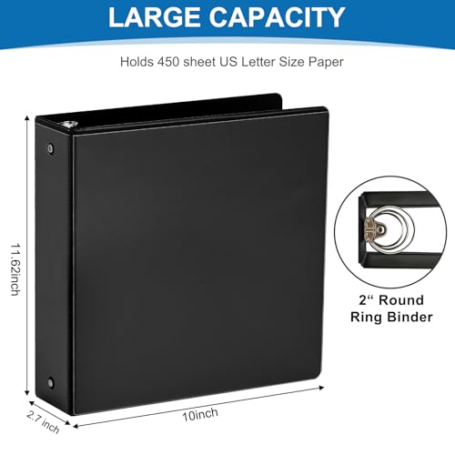 2 Inch 3-Ring Binder, 2" Round Ring Binder with 2 Inside Pockets, 6 Pack Black Binders, Clear View Cover, Holds Up to 450 Sheets 8.5" x 11" Paper，Study Binders for Office/Home/Back to School
