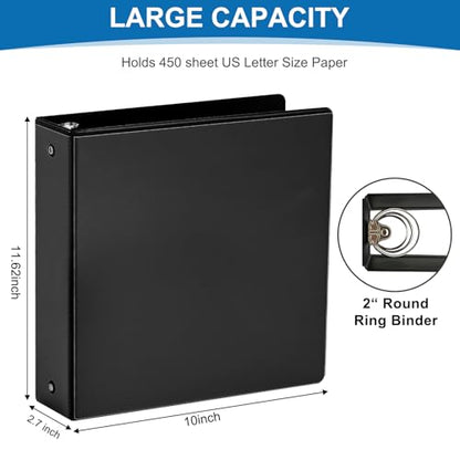 2 Inch 3-Ring Binder, 2" Round Ring Binder with 2 Inside Pockets, 6 Pack Black Binders, Clear View Cover, Holds Up to 450 Sheets 8.5" x 11" Paper，Study Binders for Office/Home/Back to School