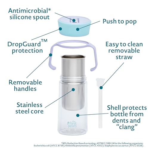 The First Years CoolCore Stainless Steel Straw Cup - Insulated Leak Proof Sippy Cup Trainer Converts to Toddler Water Bottle - Pop to Sip Design with Improved Flow - Light Blue/Light Purple - 8 Ounces - color: Light Blue/Light Purple