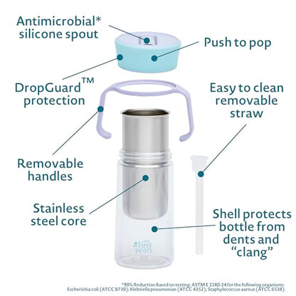 The First Years CoolCore Stainless Steel Straw Cup - Insulated Leak Proof Sippy Cup Trainer Converts to Toddler Water Bottle - Pop to Sip Design with Improved Flow - Light Blue/Light Purple - 8 Ounces - color: Light Blue/Light Purple