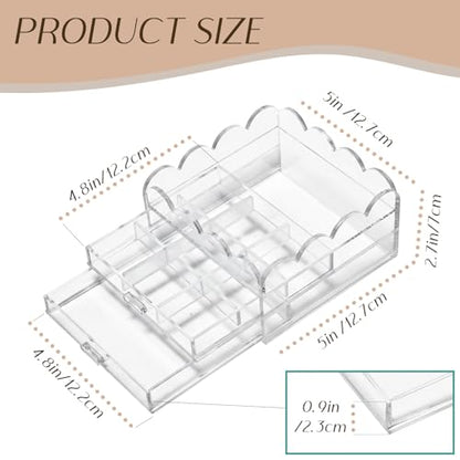 Scalloped Clear Acrylic 2-Drawer Organizer 5" x 5" with Removable 9 Compartment Divider, Storage Case for Sewing Supplies and Small Jewelry