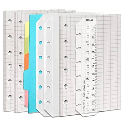 DY.2ten A7 Binder Notebook Refills - 270 Pages Graph Paper + 2 Zipper Binder Pockets + 5 Dividers + Ruler - color: A7 Square Paper