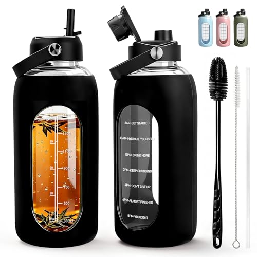Aqulea 64oz oz Glass Water Bottle with 2 Lids – Spout & Straw Lids, Borosilicate Glass Water Bottle with Time Marker & Silicone Sleeve, Leakproof - color: Black, size: 64 Ounces