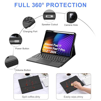 IVEOPPE Keyboard Case for Xiaomi Pad 8/8 Pro/Pad 7/7 Pro 11.2 Inch Trackpad | Magnetic Detachable Wireless Bluetooth Keyboard, Multi-Touch Trackpad, Pencil Holder, Stain Resistant Cover, Rechargeable - color: Black(Non-Backlit Keyboard)