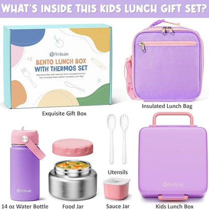 Fimibuke Bento Box for Kids Adult - Leakproof 3-4 Compartments Lunch Bento Box Set with Insulated Food Jar, Water Bottle, Lunch Bag, Sauce Cup & Cutlery for Toddler Teen Shcool Girl Boy Age 3+ - color: A5.Purple & Pink