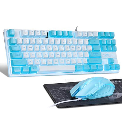 CHONCHOW Blue Keyboard and Mouse Combo, 87 Keys TKL USB Wired LED Light Up Backlit Keyboard, 800-3200 DPI RGB Mouse, Blue Mouse and Keyboard Combo for PS4 PS5 PC Laptop Mac Computers, Main White