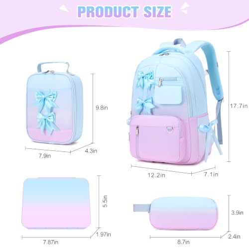 Bevalsa Backpack for Girls, Bow Kids Backpack with Bento Lunch Box, Insulated Bag & Utensils, 34oz Lunch Containers, Cute School Bookbag for Children Teens for Elementary Middle Student (Blue Purple) - color: Blue Purple
