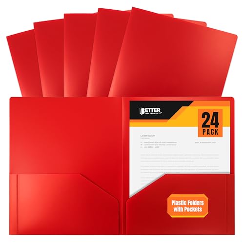 Better Office Products Heavyweight Plastic 2 Pocket Portfolio Folder, Letter Size Poly Folders 24 Pack (Red) - color: Red