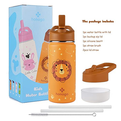16 oz Stainless Steel Insulated Kids Water Bottle, Leak Proof Metal Thermal Flask with Straw lid, Cute Toddler Tumbler Cup for School Girls & Boys (Lion, Orange) - color: Lion, Orange