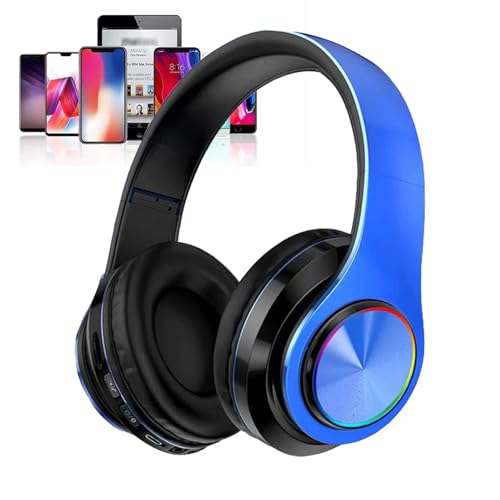 Kids Bluetooth Over Ear Headphones, Colorful LED Lights Headphones with Built-in Mic, Bluetooth 5.0, Wired and Wireless Foldable Stereo Headphones for Classroom/Home Office/Tablet/Airplane(Blue) - color: Blue